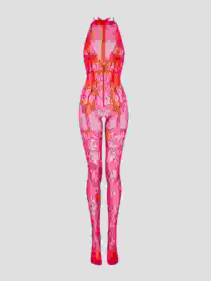 Lovehoney Plus Size Red Lace Basque Bodystocking, Red, hi-res